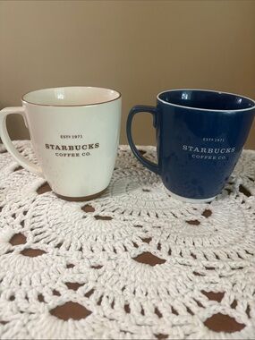Starbucks 2007 Ceramic Mug Set - White with Gold Trim & Deep Navy